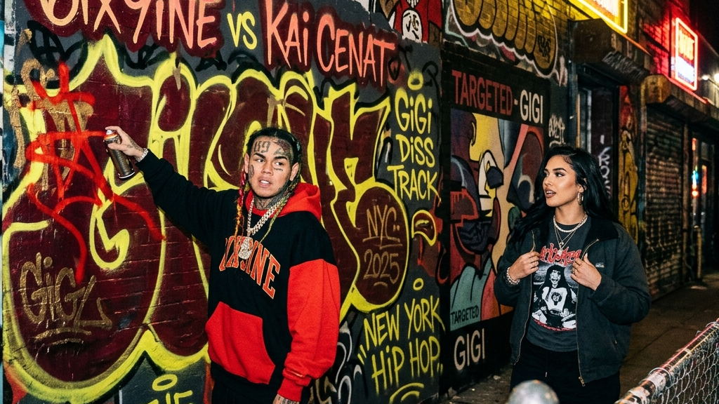 Editorial feature image for article: "6ix9ine Targets Kai Cenat's Ex Gigi in New 2025 Diss" under Rap Beef category.