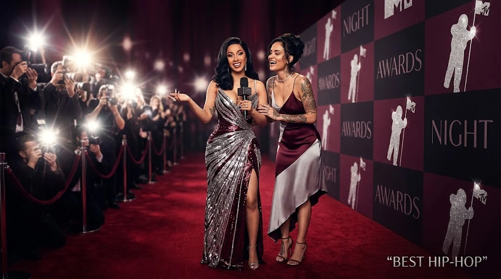 Cardi B and Kehlani on a red carpet for the Safe Best Hip Hop VMA nomination