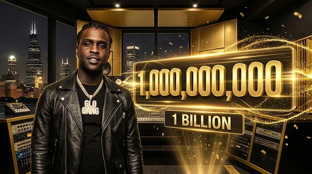 Chief Keef beside a gold one billion stream display in a recording studio