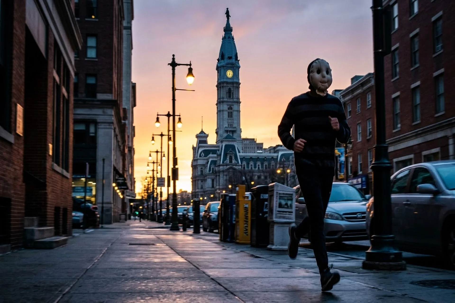 Philly Chucky Mask Manhunt — person in mask running down Philadelphia street at dusk with clock tower
