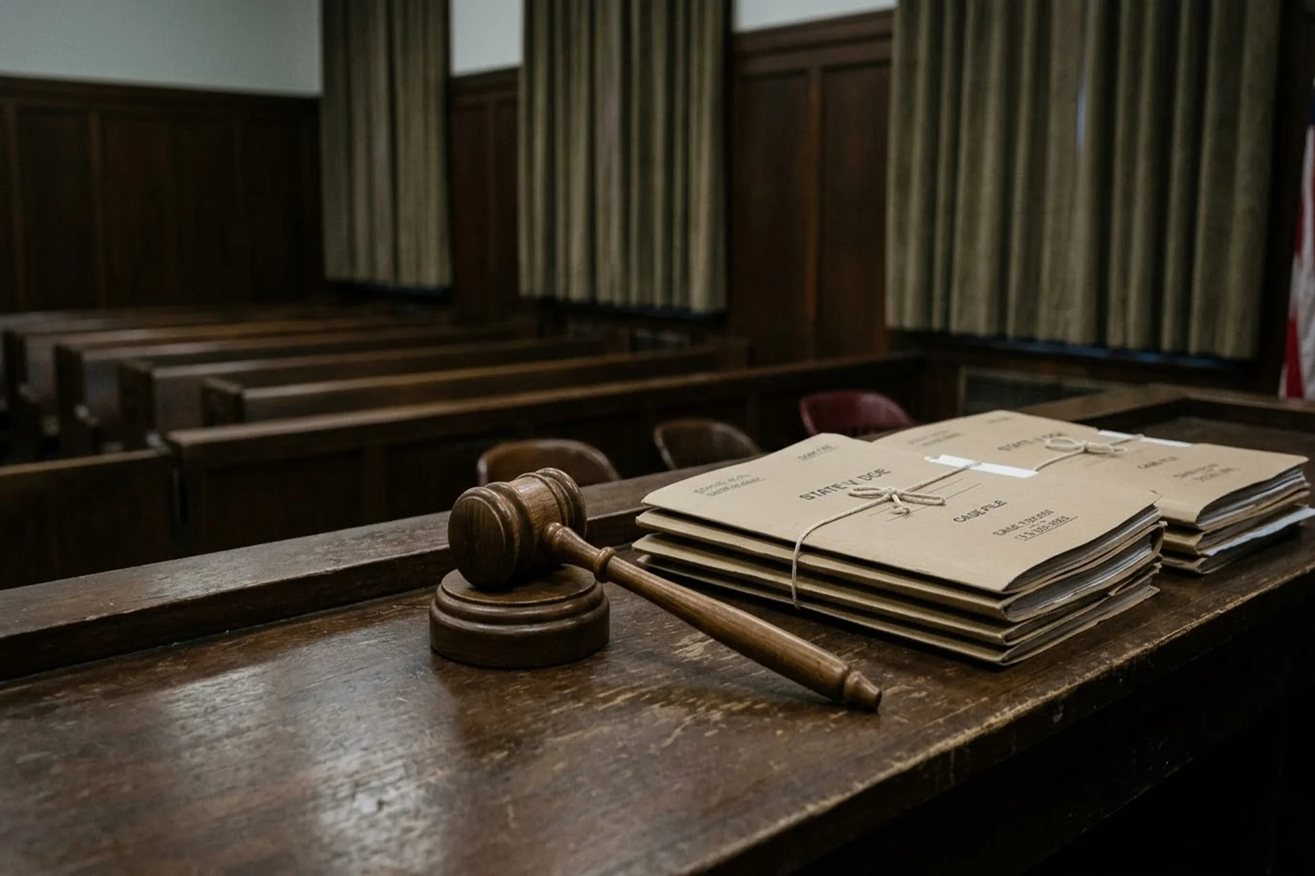 D4M Skiano Murder Conviction — courtroom scene with gavel and bound document folders on polished desk