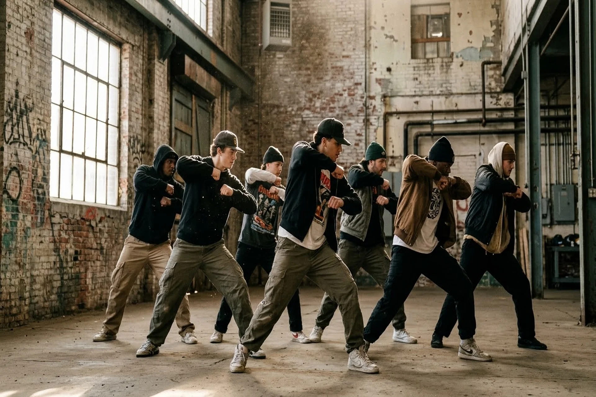 Philly Hijab Dancing Drill Video — group of young dancers in synchronized drill routine inside industrial space