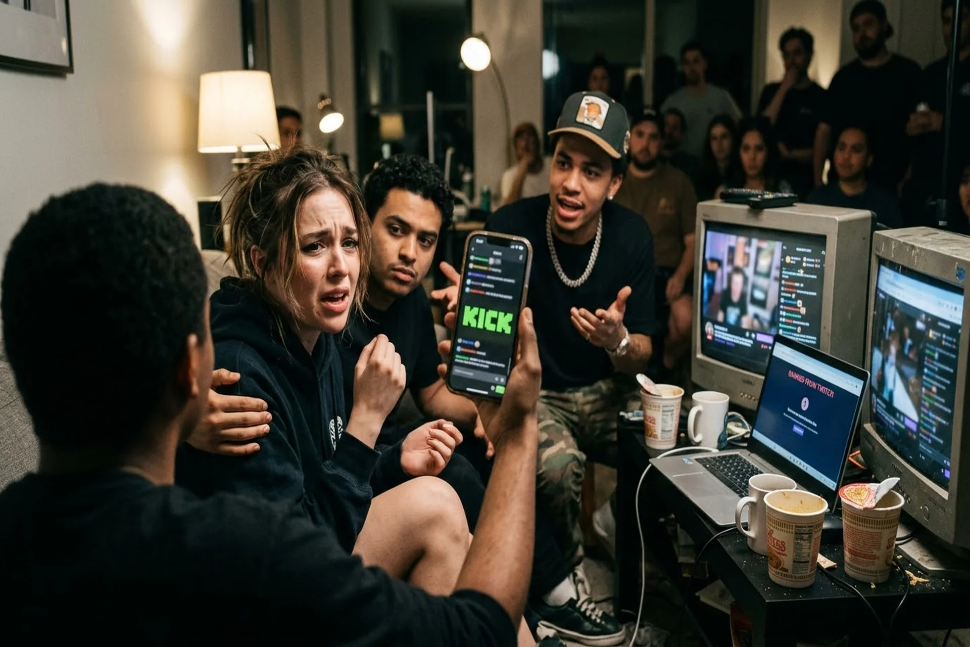 SukiMellow Twitch Ban — chaotic photojournalism scene with people gathered around laptops in dimly lit room during live stream