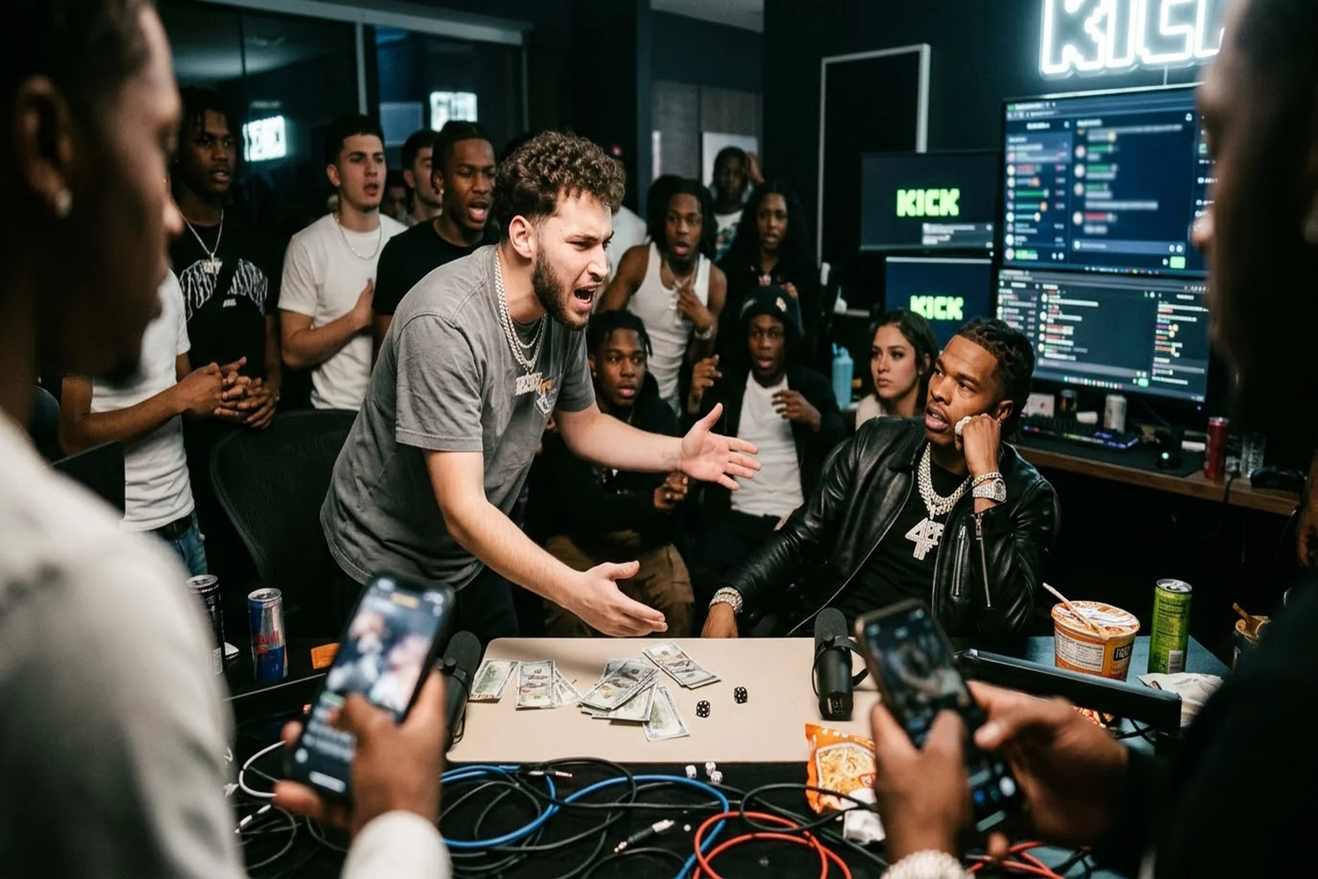 Adin Ross Fight Stream — raw photojournalism scene with people gathered around table and electronics during heated dice game stream