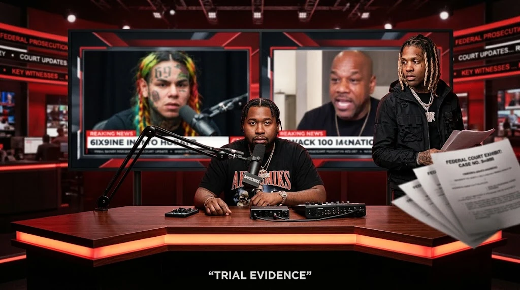 DJ Akademiks at a podcast desk with Lil Durk, 6ix9ine and Wack 100 in a trial evidence graphic