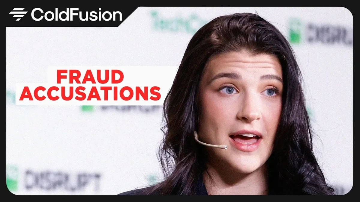 Phoebe Gates speaking at a tech event under a FRAUD ACCUSATIONS graphic
